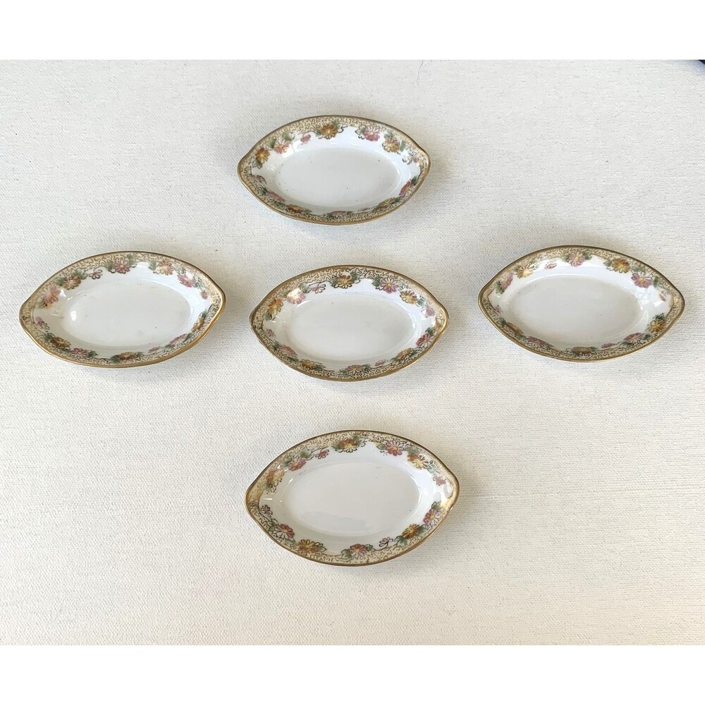 Antique Nippon Hand-Painted Porcelain Salt Cellars Butter Pats Gold Trim 5